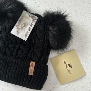 Arctic Paw Pom Pom Beanie Cable Knit Fleece Lined Winter Beanie Women Hat Black